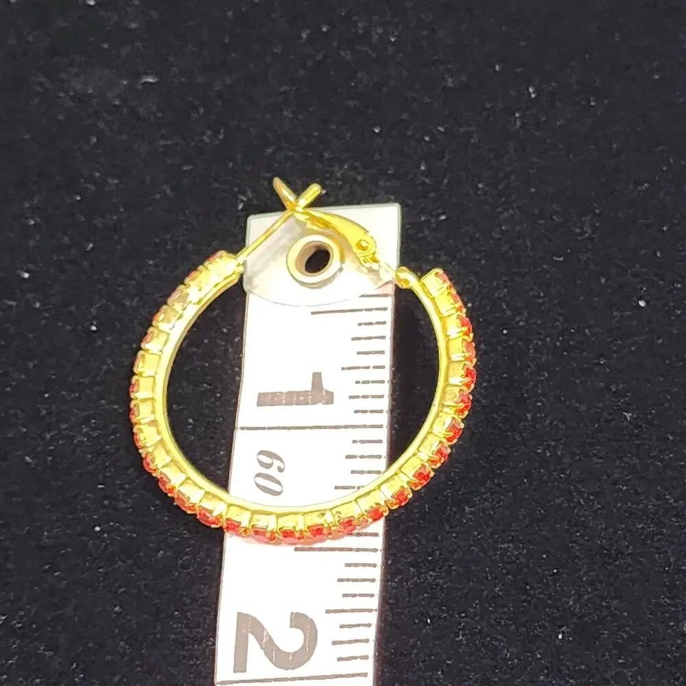 Red Crystal Rhinestone Studded Earrings Gold Tone Hoop Omega Closure Valentines